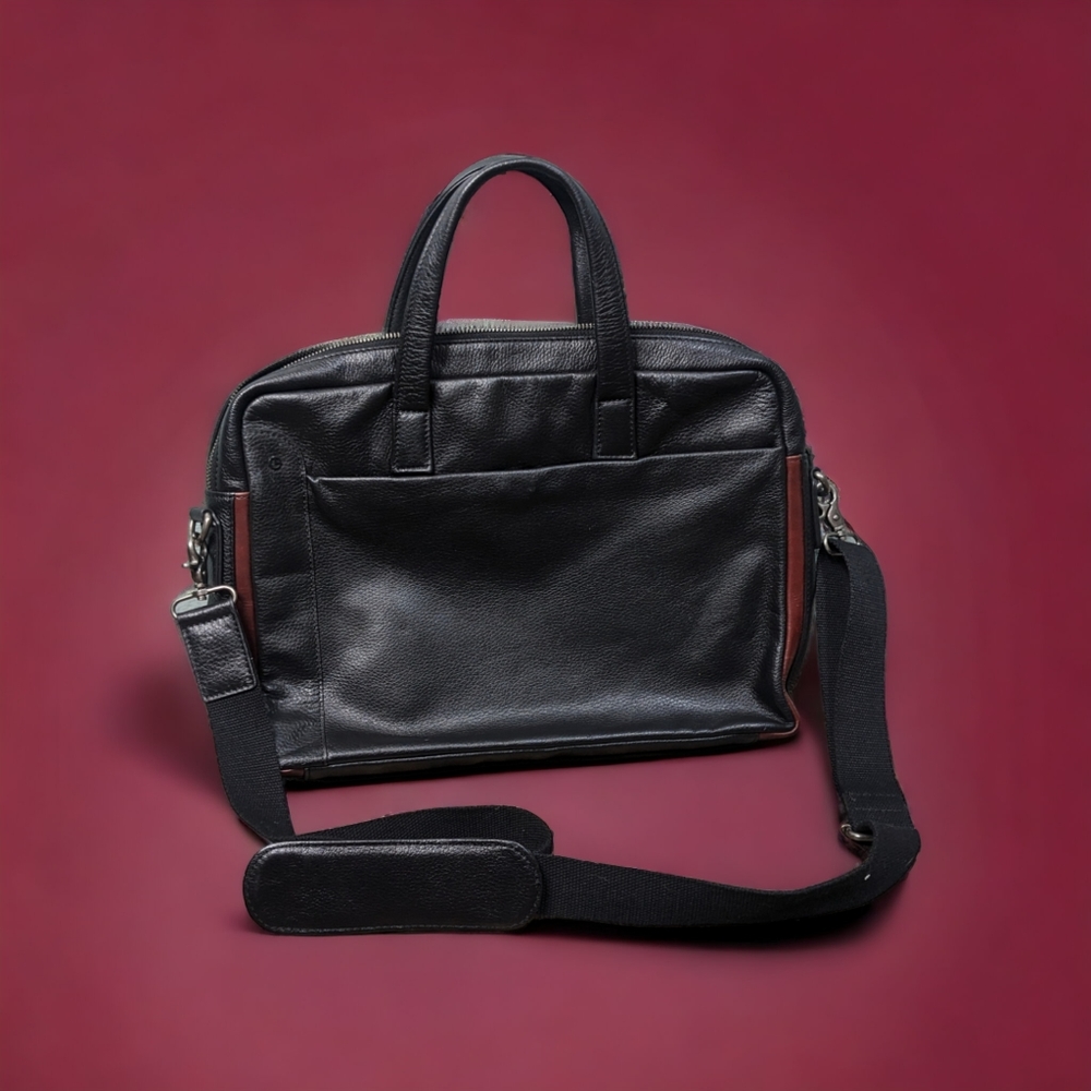 Goldlion Genuine leather satchel work bag laptop bag black red accents NEAR NEW